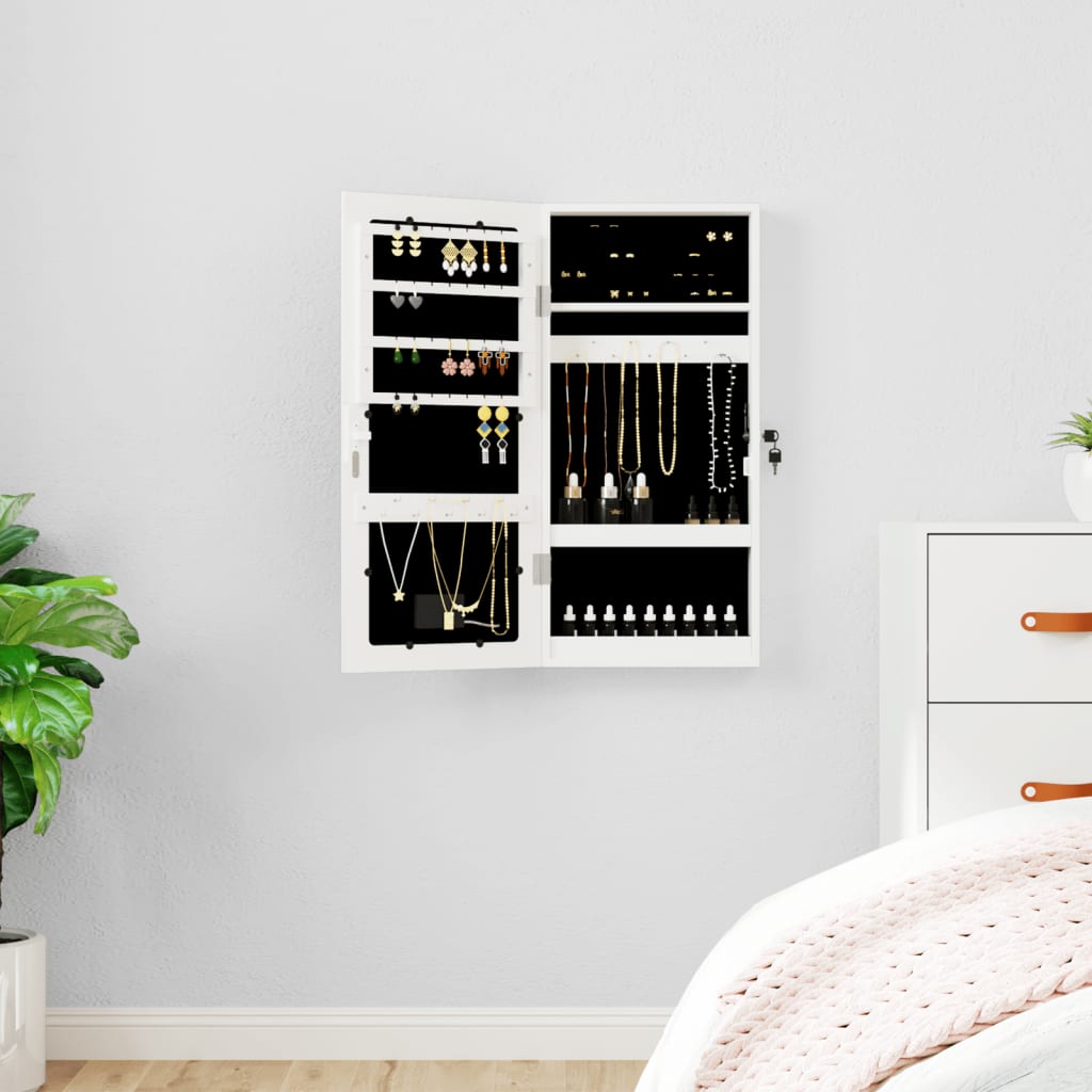 Wall Mounted Mirror Jewellery Cabinet with LED Lights - White - Unbeatable Bargains