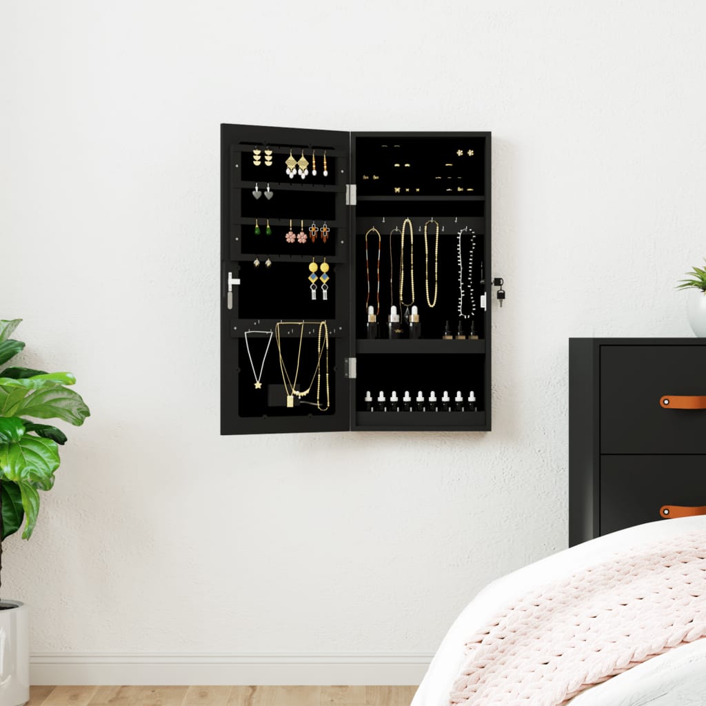 Wall Mounted Mirror Jewellery Cabinet with LED Lights - Black - Merkel Designers