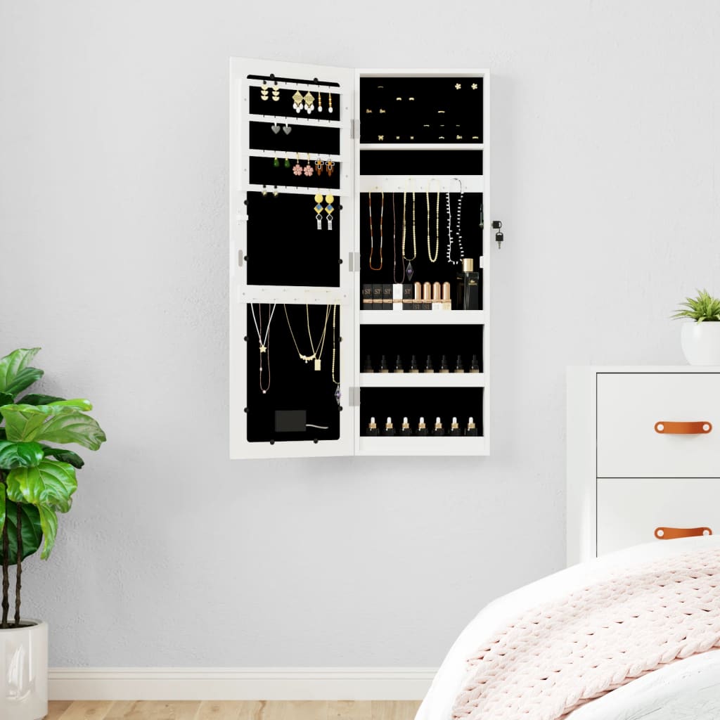Wall Mounted Mirror Jewellery Cabinet with LED Lights - White - R and M Furniture