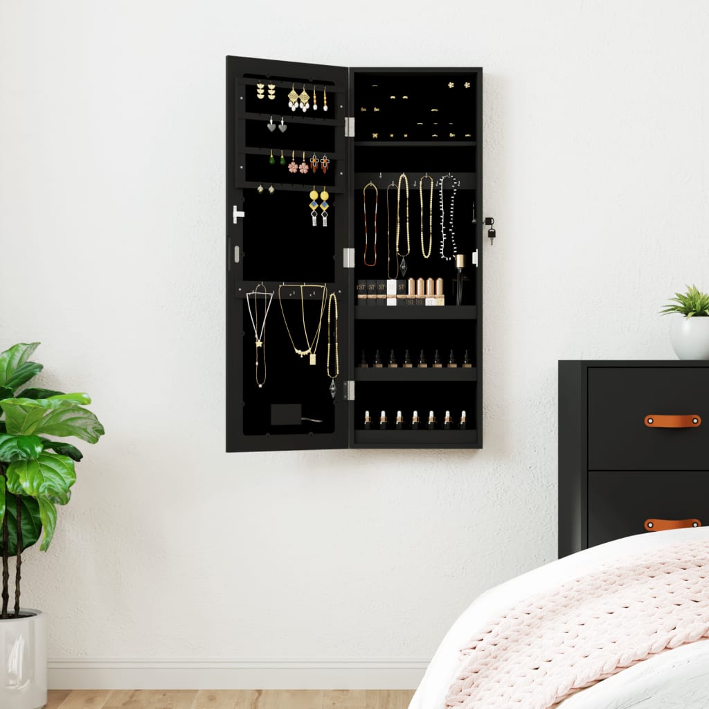 Wall Mounted Mirror Jewellery Cabinet with LED Lights - Black - Style and Chic