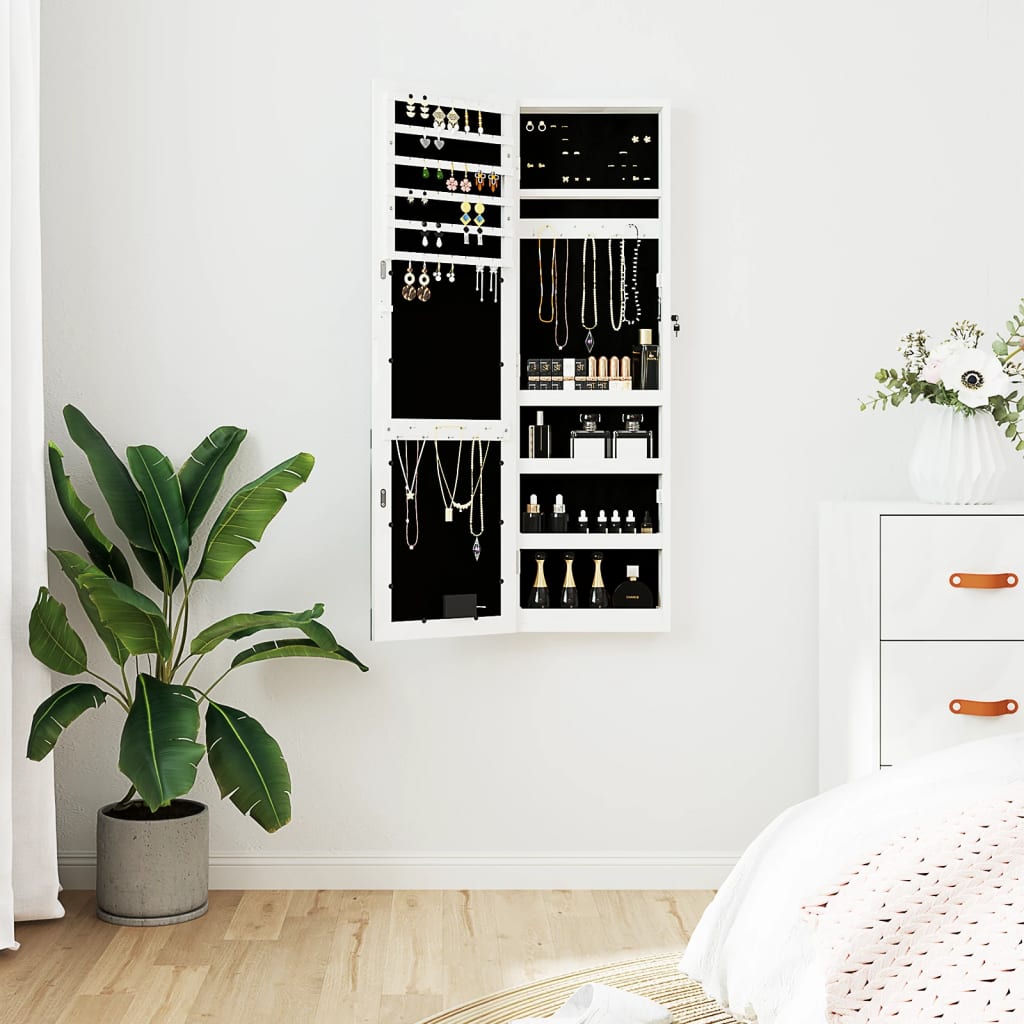 Wall Mounted Mirror Jewellery Cabinet with LED Lights - White - Sid & Sam