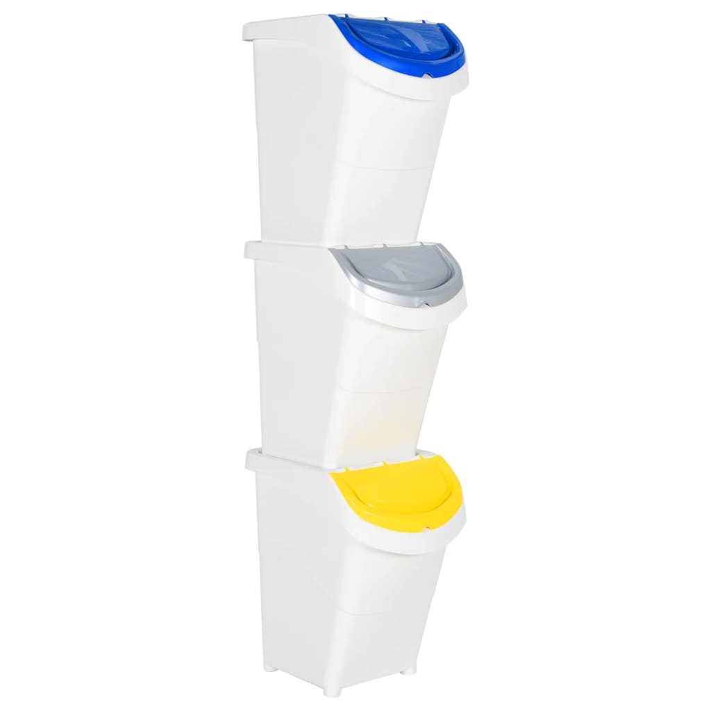 Stackable Waste Bins with Lids 3 pcs White PP 120 L - Decor Base