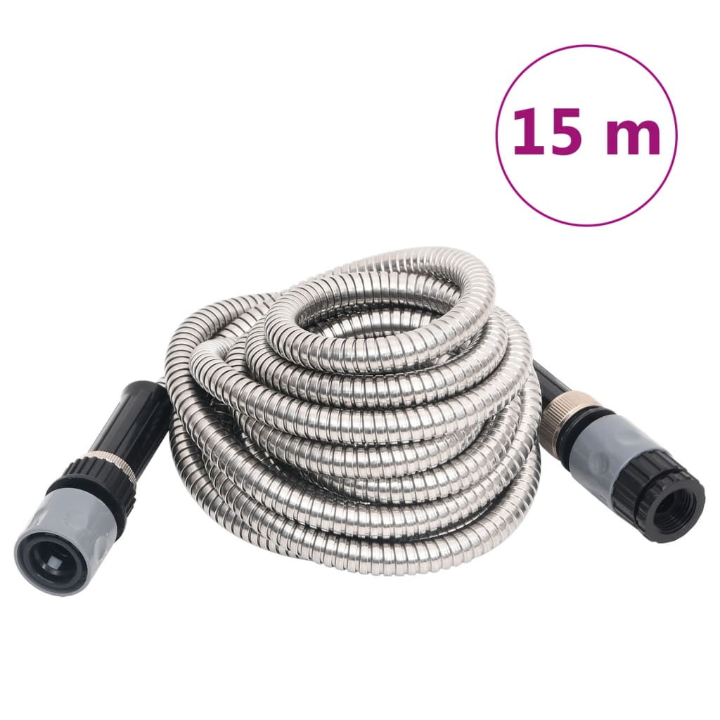 Garden Hose with Spray Nozzle Silver 0.6" 15 m Stainless Steel - Decor Base