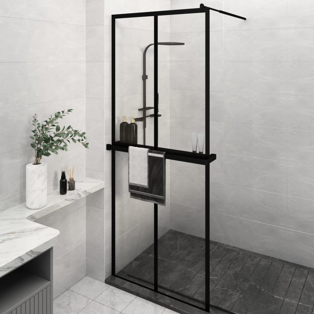 Walk-in Shower Wall with Shelf Black 80x195cm ESG Glass and Aluminium - Casper Homes