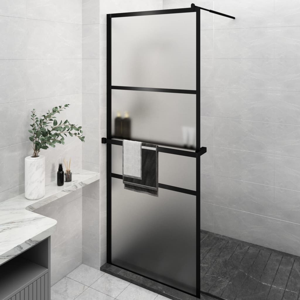 Walk-in Shower Wall with Shelf Black 80x195 cm ESG Glass&Aluminium - Millennium Furniture