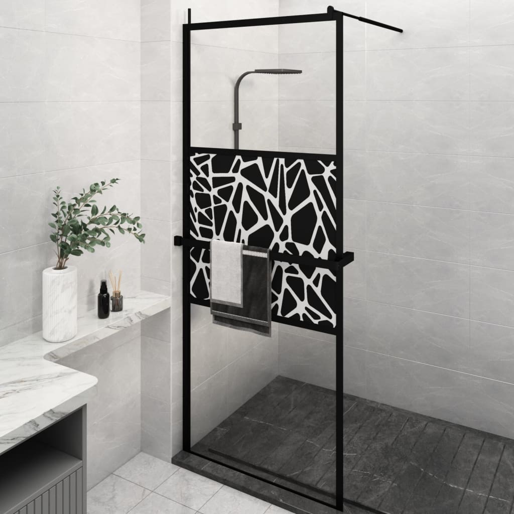 Walk-in Shower Wall with Shelf Black 80x195cm ESG Glass&Aluminium - R and M Furniture