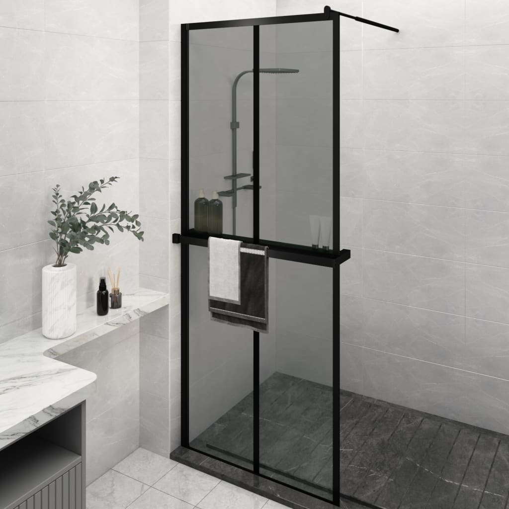 Walk-in Shower Wall with Shelf Black 80x195cm ESG Glass&Aluminium - Direct Imports
