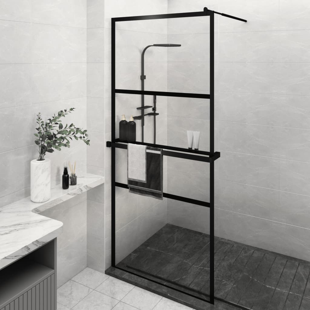 Walk-in Shower Wall with Shelf Black 90x195 cm ESG Glass&Aluminium - R and M Furniture