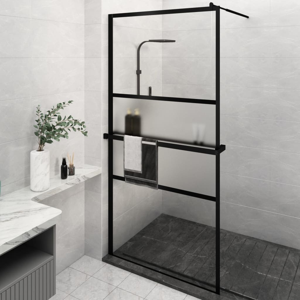 Walk-in Shower Wall with Shelf Black 115x195 cm ESG Glass&Aluminium - Sid & Sam