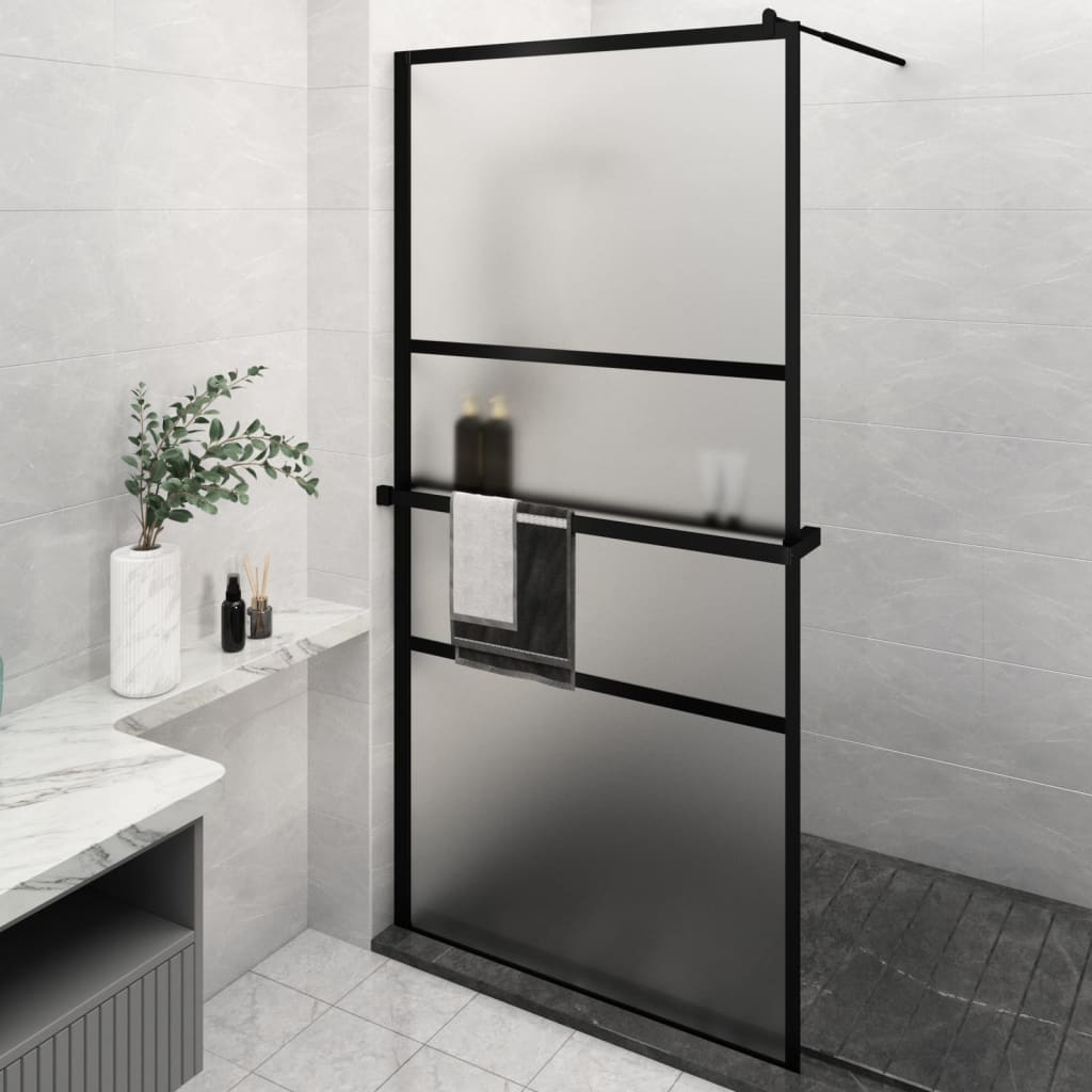 Walk-in Shower Wall with Shelf Black 115x195 cm ESG Glass&Aluminium - Tyrell & Tyrell