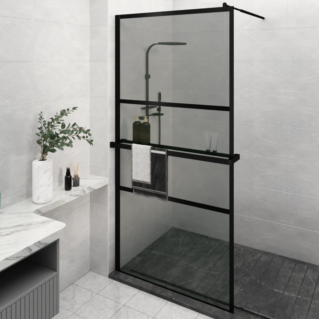 Walk-in Shower Wall with Shelf Black 115x195 cm ESG Glass&Aluminium - Millennium Furniture