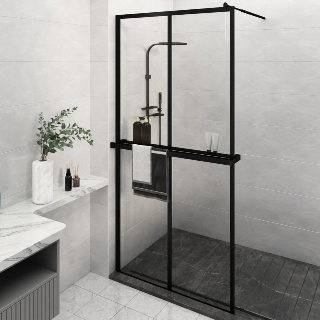 Walk-in Shower Wall with Shelf Black 118x190 cm ESG Glass&Aluminium - Millennium Furniture