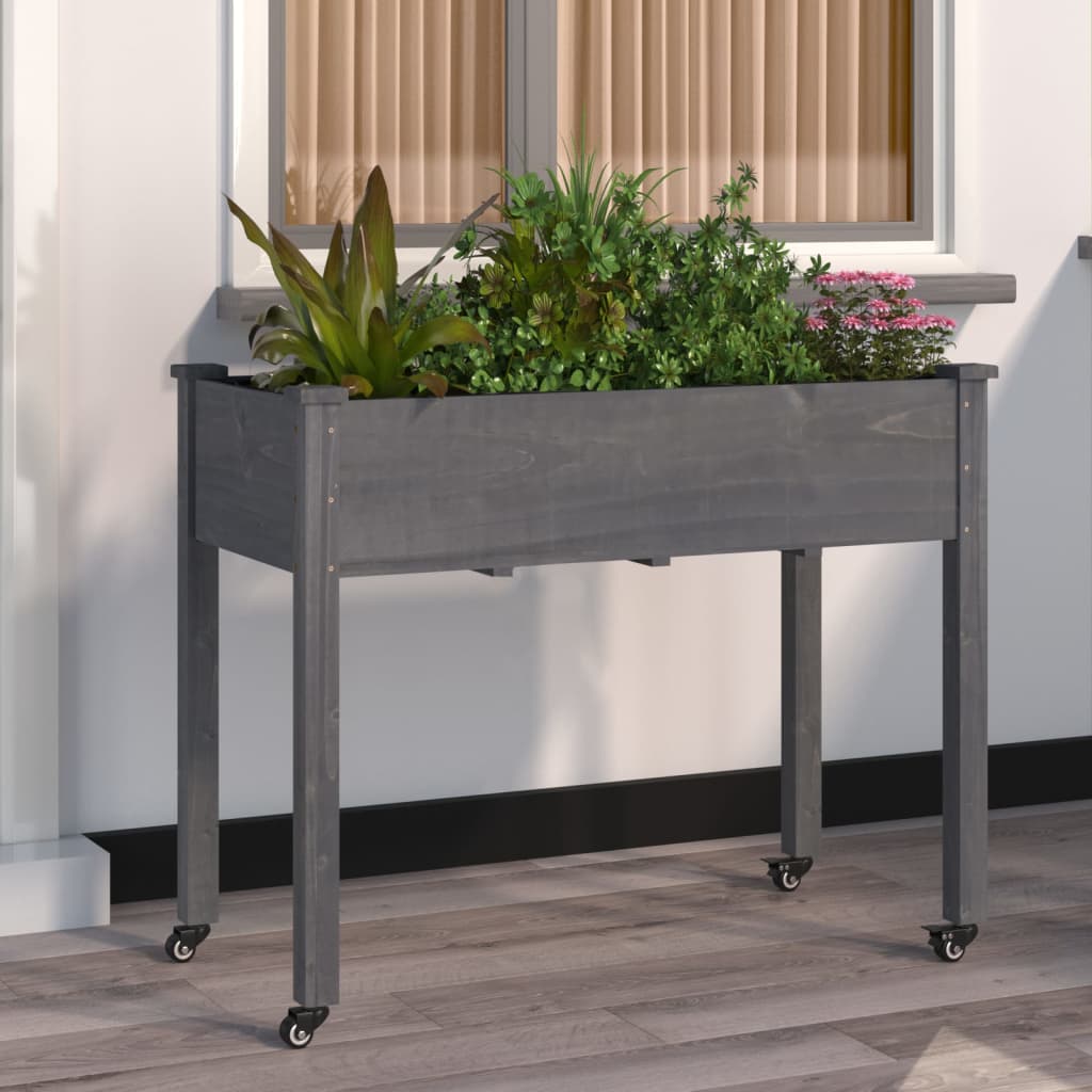 Wheeled Planter with Liner Grey 118x59x80 cm Solid Wood Fir - The Home Maker