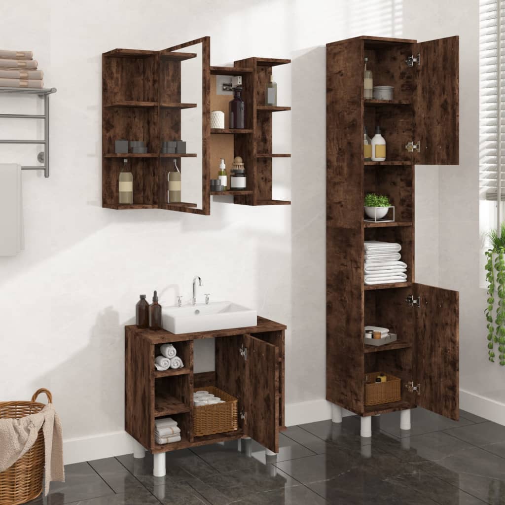 3 Piece Bathroom Cabinet Set Smoked Oak Engineered Wood - Sid & Sam