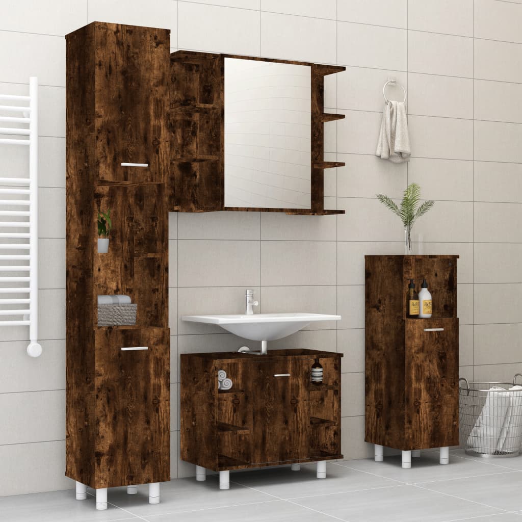 4 Piece Bathroom Cabinet Set Smoked Oak Engineered Wood - Merlin Deals