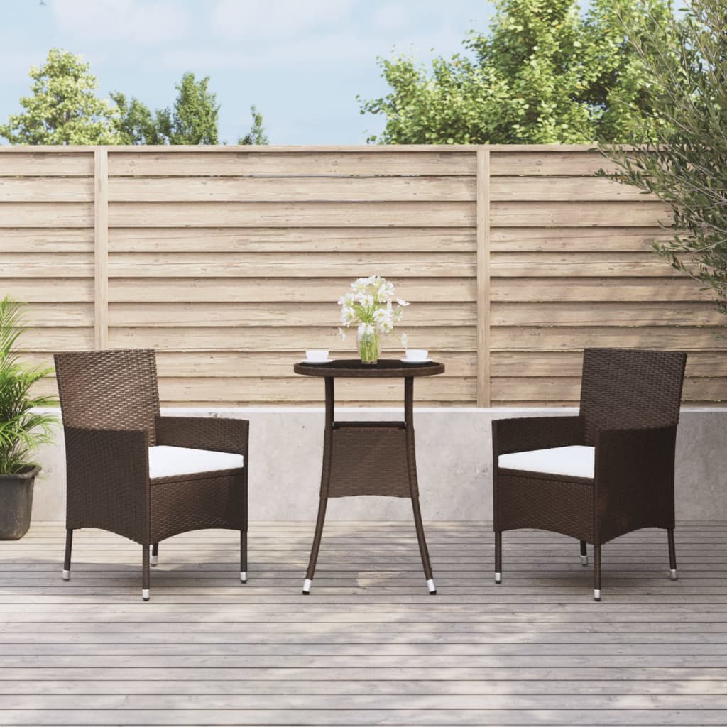 3 Piece Garden Bistro Set with Cushions Brown Poly Rattan - Decor Base