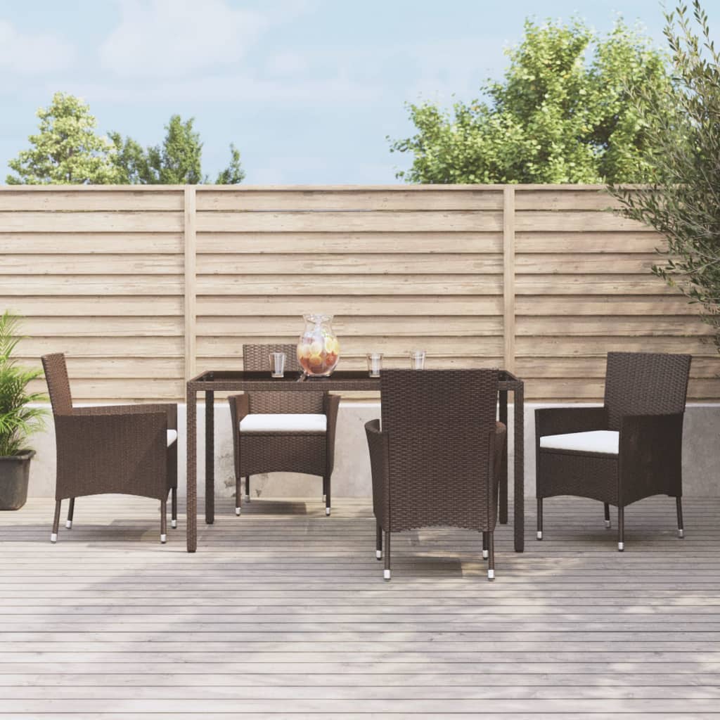 5 Piece Garden Dining Set with Cushions Brown Poly Rattan - Brittle & Co