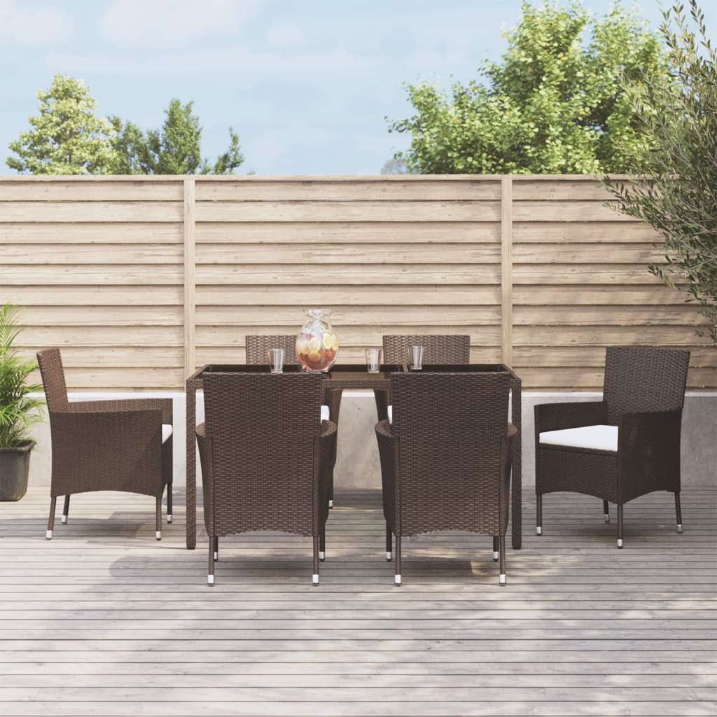 7 Piece Garden Dining Set with Cushions Brown Poly Rattan - Merlin Deals