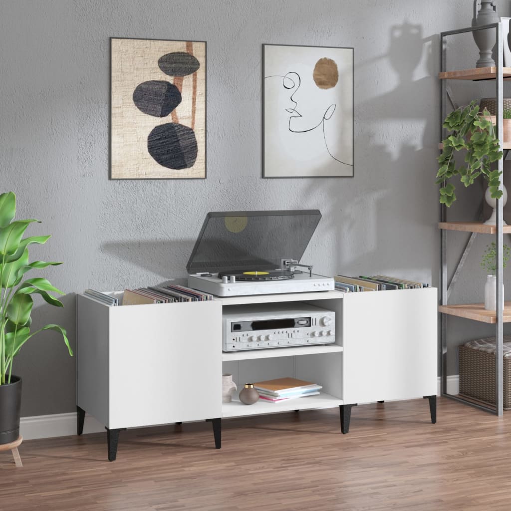 Record Cabinet White 121x38x48 cm Engineered Wood - The Home Maker