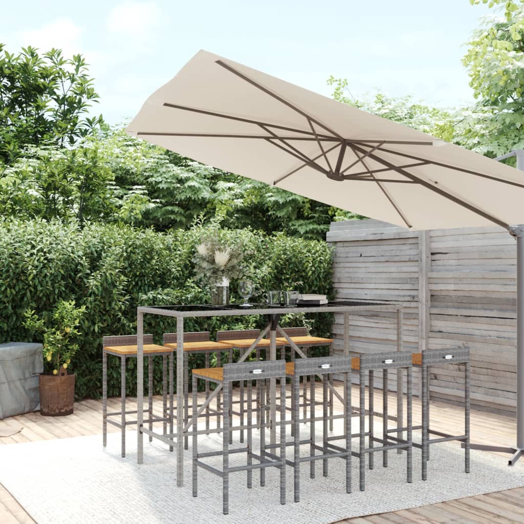 9 Piece Garden Bar Set Grey Poly Rattan& Solid Wood Acacia - All Things Good