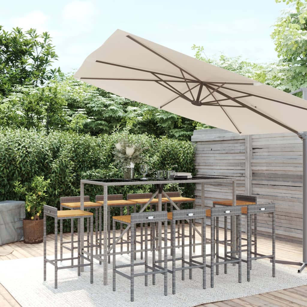 11 Piece Garden Bar Set Grey Poly Rattan& Solid Wood Acacia - All Things Good