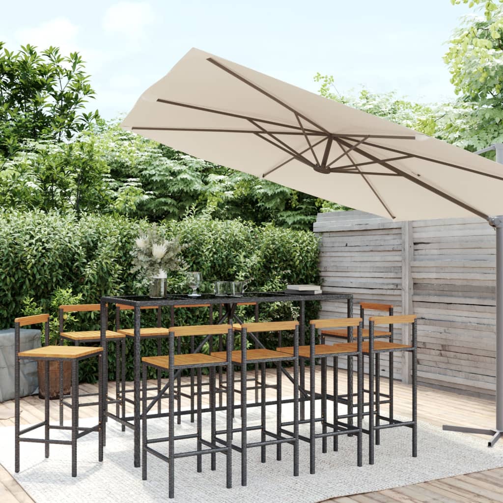 11 Piece Garden Bar Set Black Poly Rattan& Solid Wood Acacia - The Home Maker