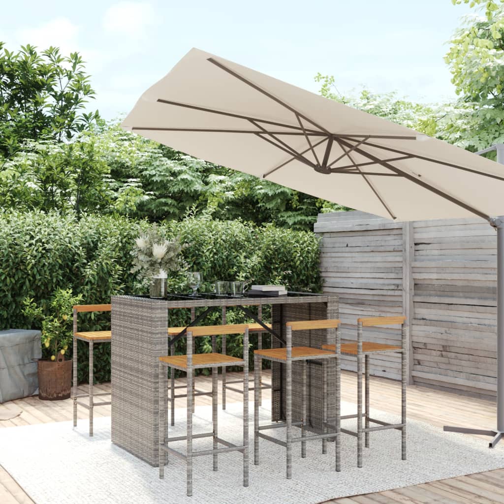 7 Piece Garden Bar Set Grey Poly Rattan& Solid Wood Acacia - Unbeatable Bargains