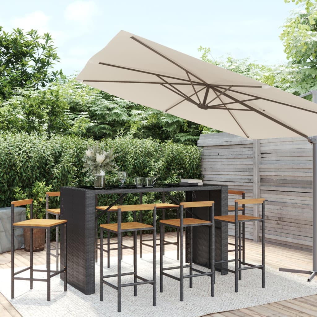 9 Piece Garden Bar Set Black Poly Rattan& Solid Wood Acacia - Unbeatable Bargains