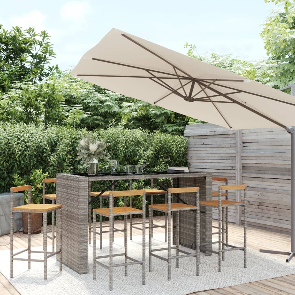 9 Piece Garden Bar Set Grey Poly Rattan& Solid Wood Acacia - Style and Chic