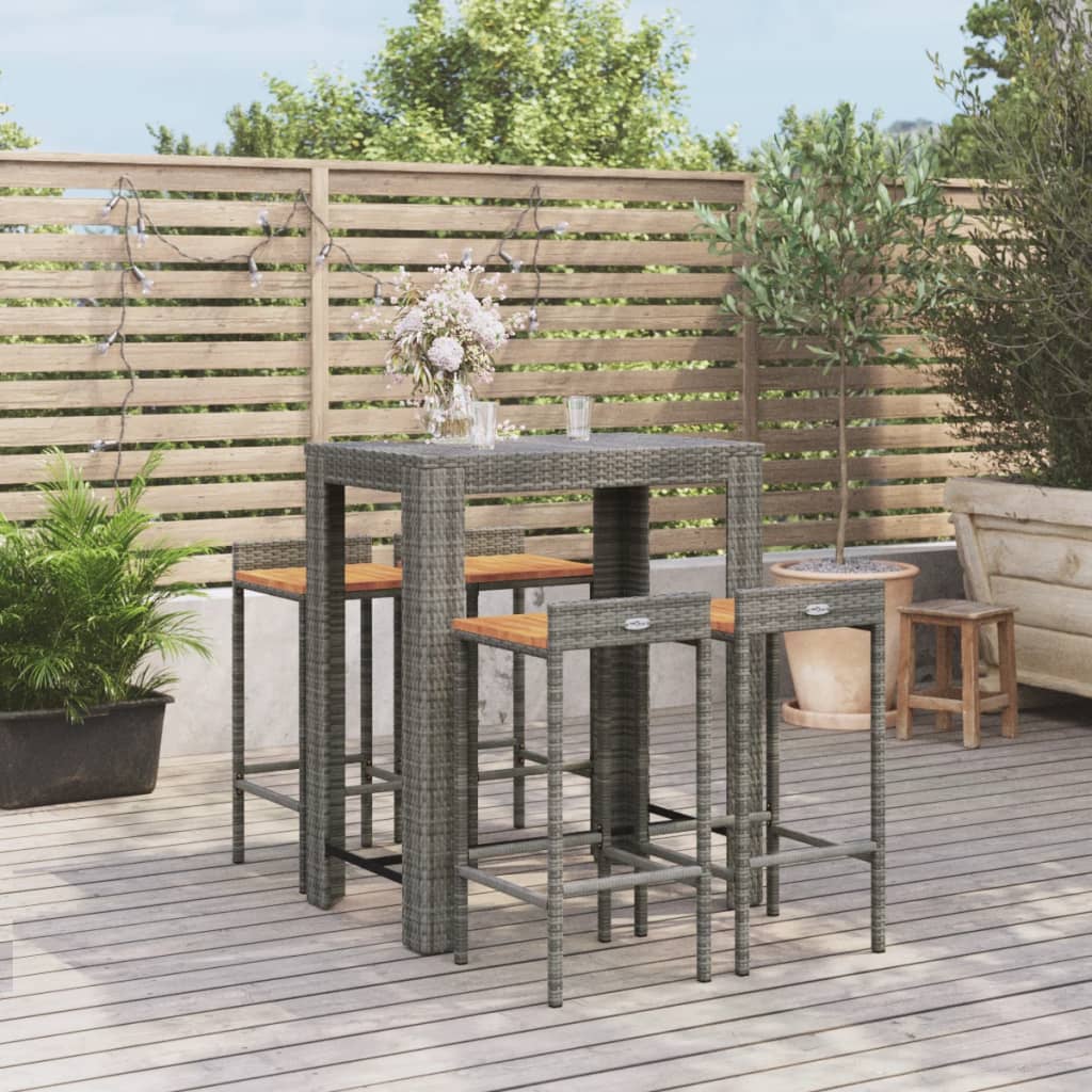 5 Piece Garden Bar Set Grey Poly Rattan&Solid Wood Acacia - The Home Maker