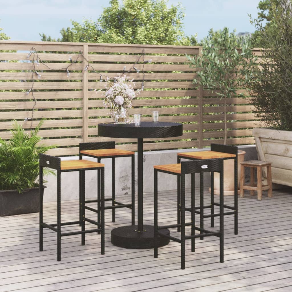 5 Piece Garden Bar Set Black Poly Rattan&Solid Wood Acacia - The Home Maker