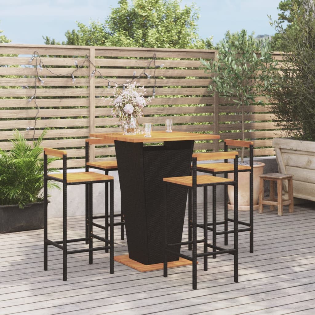 5 Piece Garden Bar Set Black Poly Rattan&Solid Wood Acacia - Unbeatable Bargains