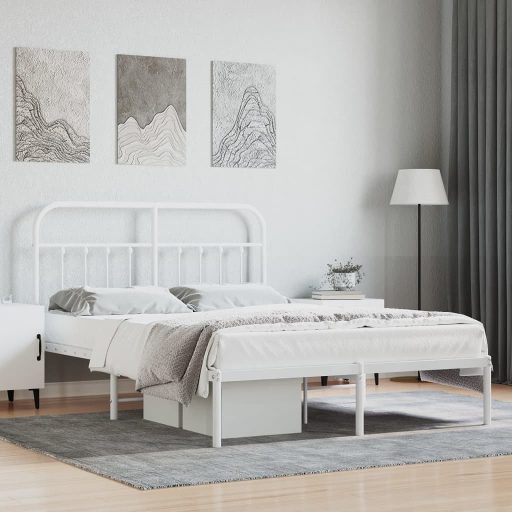Metal Bed Frame with Headboard White 135x190 cm Double - Unbeatable Bargains