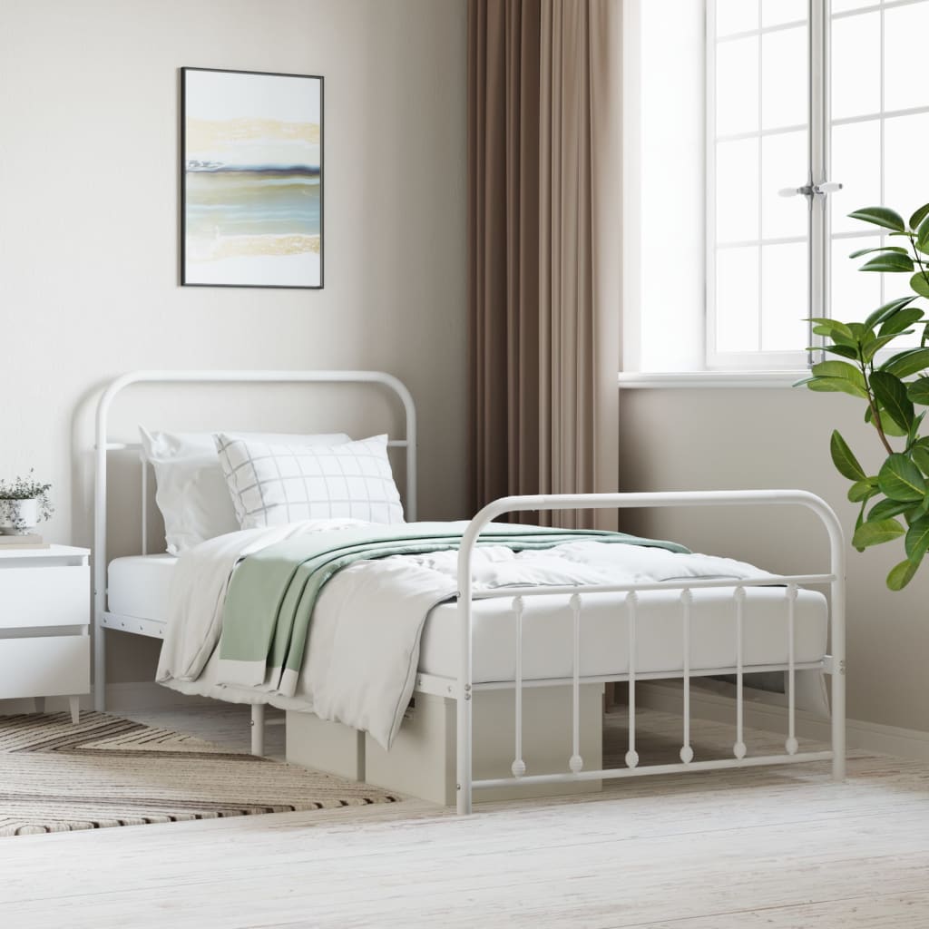 Metal Bed Frame with Headboard and Footboard White 100x200 cm - All Things Good