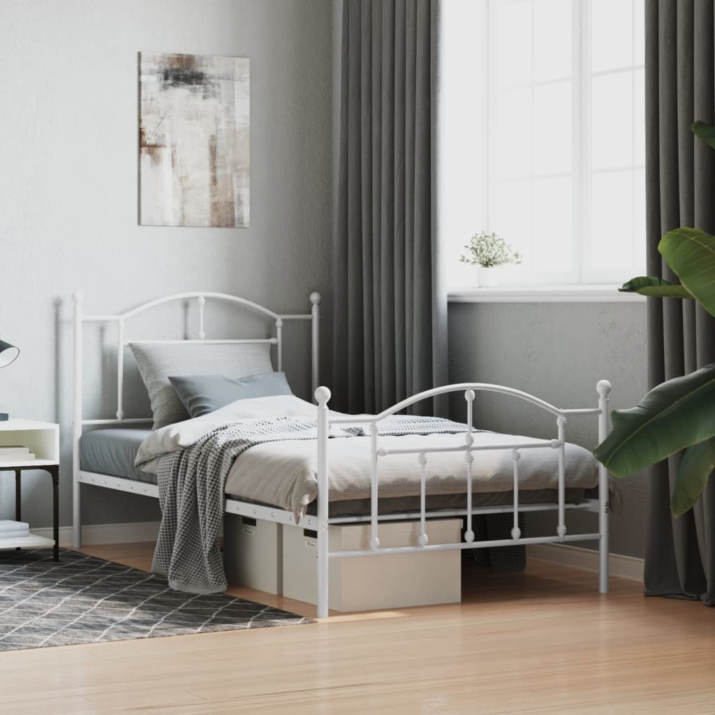 Metal Bed Frame with Headboard and Footboard White 100x190 cm - All Things Good