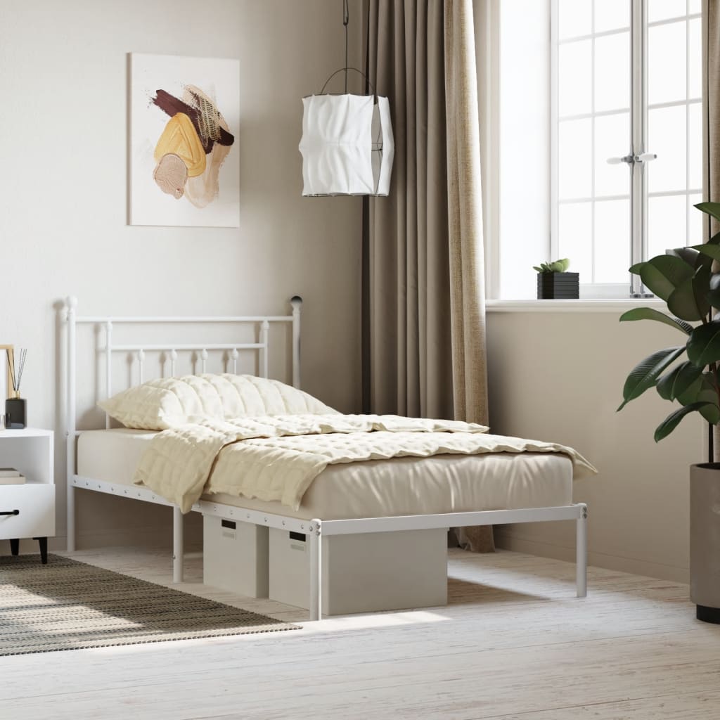 Metal Bed Frame with Headboard White 100x190 cm - All Things Good