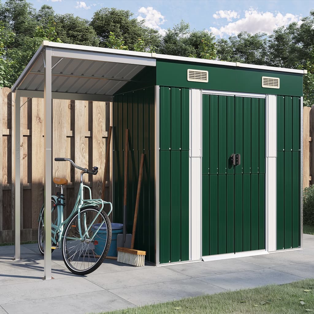 Garden Shed with Extended Roof Green 277x110.5x181 cm Steel - Style and Chic
