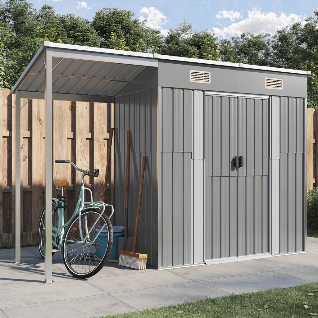 Garden Shed with Extended Roof Light Grey 277x110.5x181 cm Steel - Unbeatable Bargains
