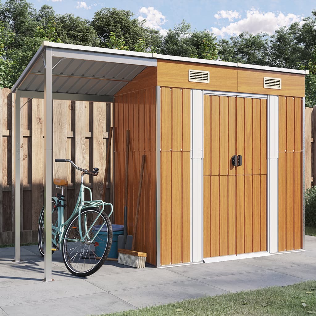 Garden Shed with Extended Roof Light Brown 277x110.5x181cm Steel - Tyrell & Tyrell