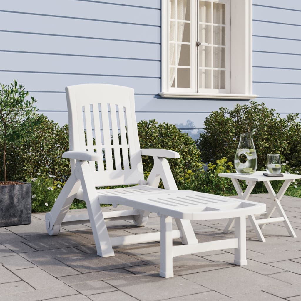 Folding Sun Lounger with Wheels White PP - All Things Good