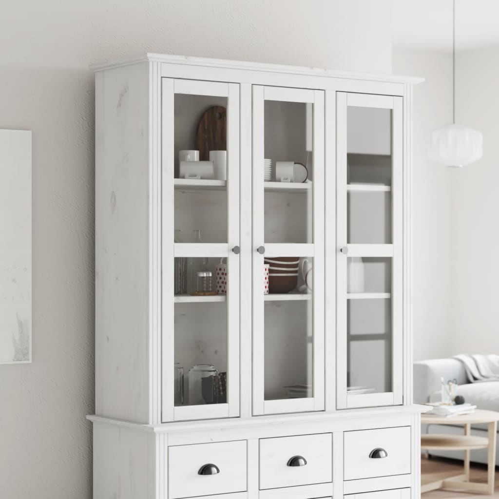 Cabinet with Glass Doors BODO White Solid Wood Pine - Sid & Sam