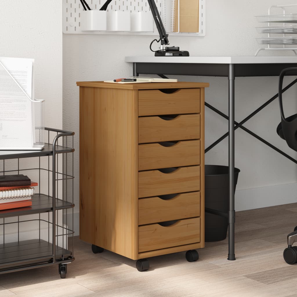 Rolling Cabinet with Drawers MOSS Honey Brown Solid Wood Pine - Tyrell & Tyrell