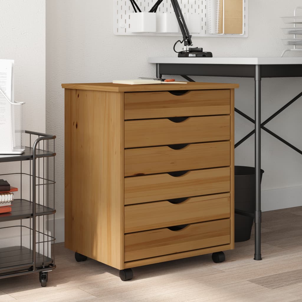 Rolling Cabinet with Drawers MOSS Honey Brown Solid Wood Pine - All Things Good