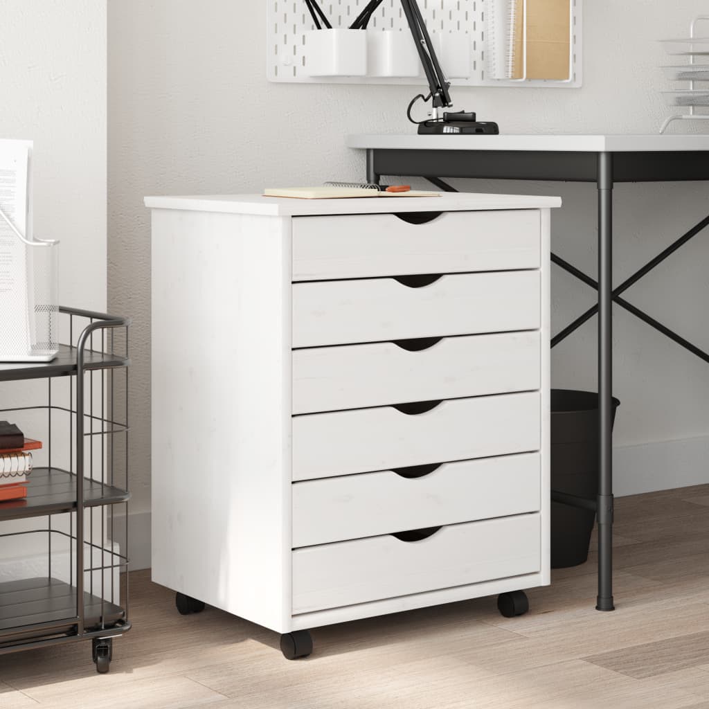Rolling Cabinet with Drawers MOSS White Solid Wood Pine - Style and Chic