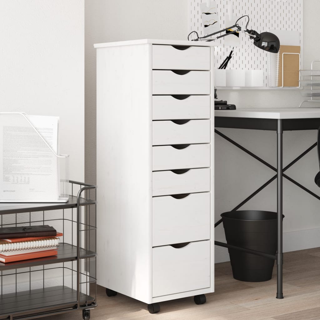 Rolling Cabinet with Drawers MOSS White Solid Wood Pine - Tyrell & Tyrell