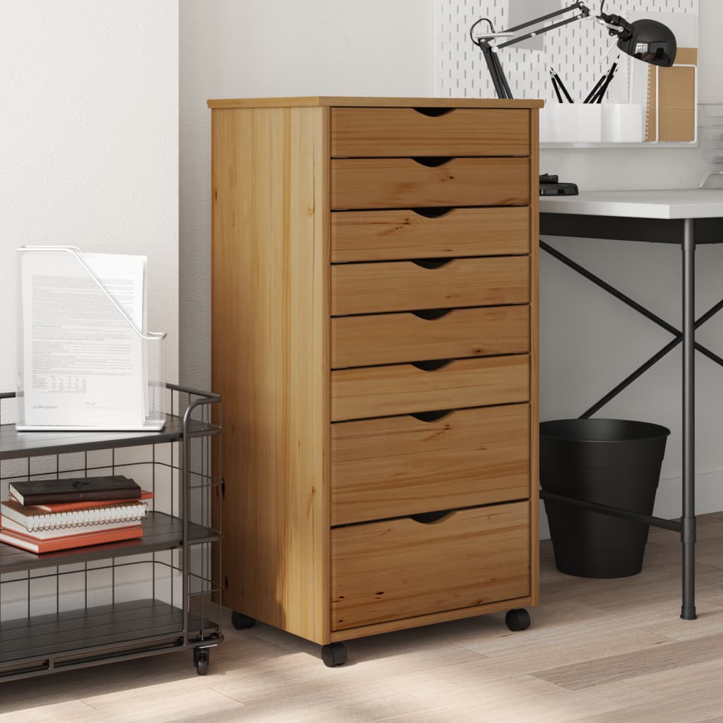 Rolling Cabinet with Drawers MOSS Honey Brown Solid Wood Pine - Brittle & Co