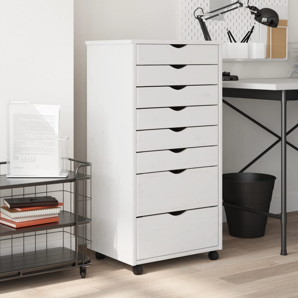Rolling Cabinet with Drawers MOSS White Solid Wood Pine - Millennium Furniture