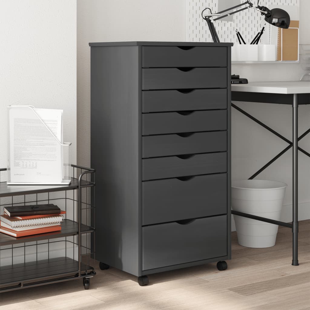 Rolling Cabinet with Drawers MOSS Grey Solid Wood Pine - Casper Homes