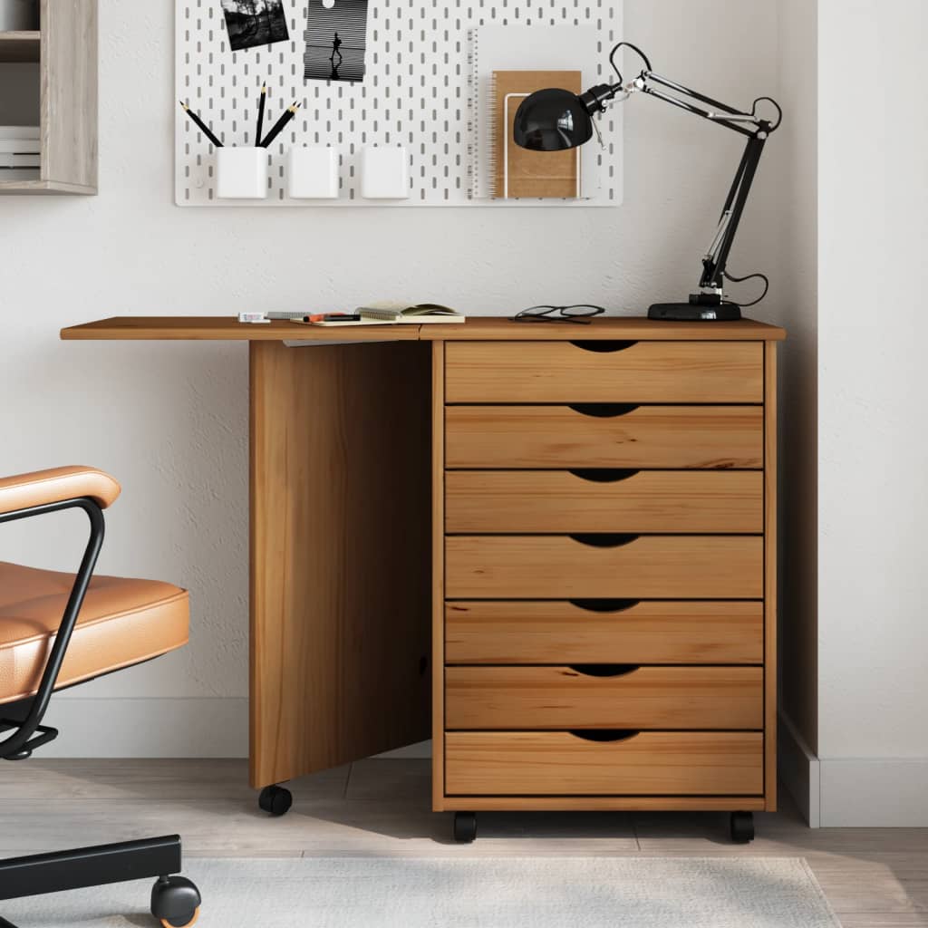 Rolling Cabinet with Desk MOSS Honey Brown Solid Wood Pine - Millennium Furniture