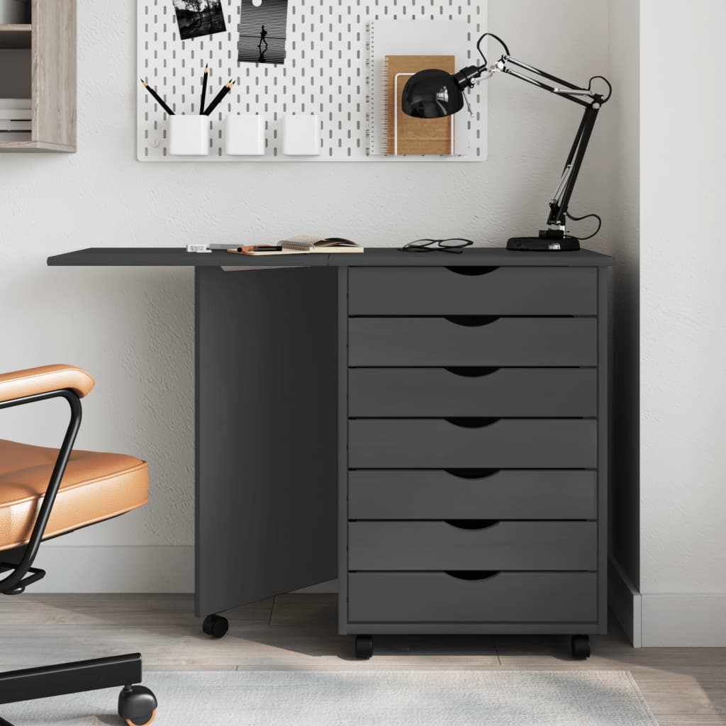Rolling Cabinet with Desk MOSS Grey Solid Wood Pine - All Things Good